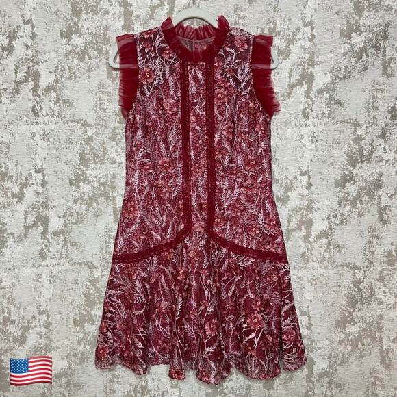 ML Monique Lhuillier Dresses & Skirts - ML Monique Lhuillier Floral Lace Mini Dress with Sheer Ruffle Maroon/Oyster Pink